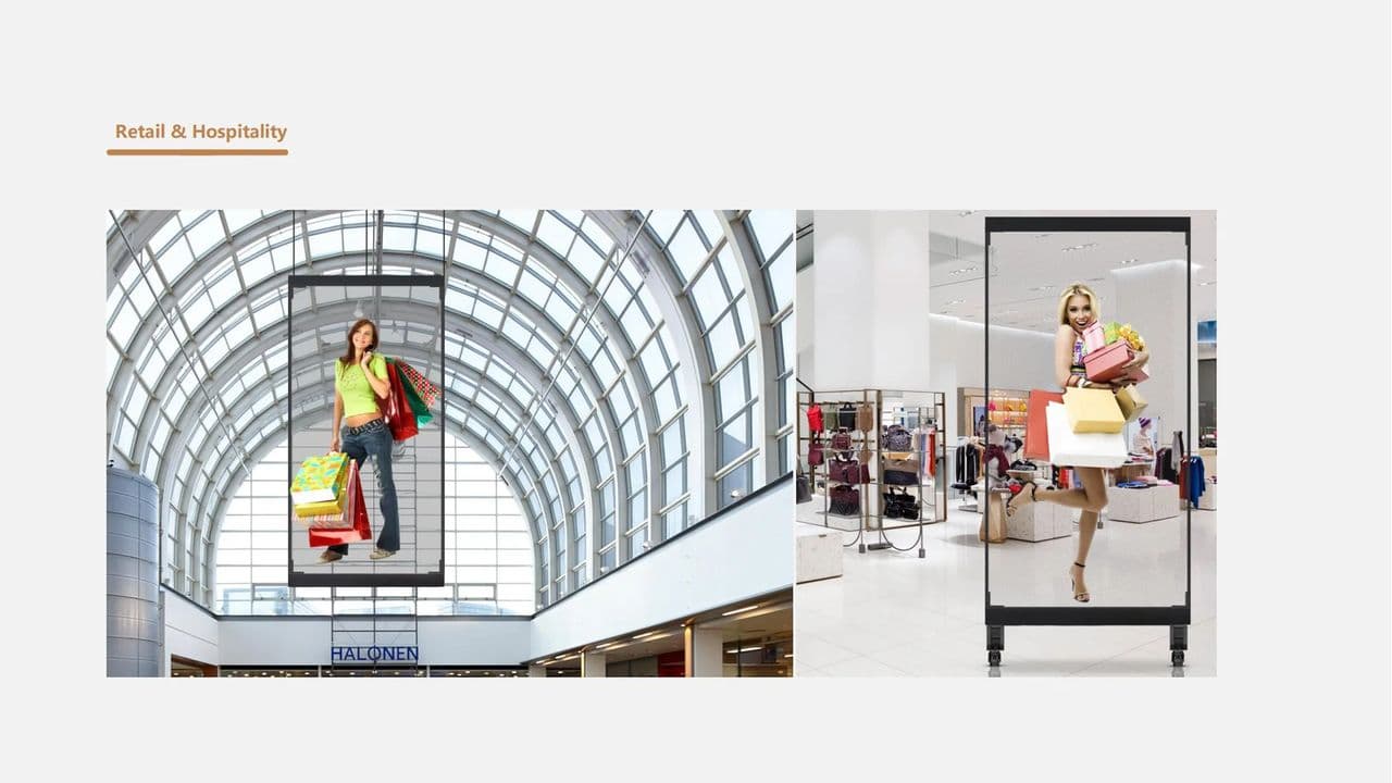 Two retail installations: a transparent screen hanging in a mall atrium and a free-standing transparent poster on a shop floor