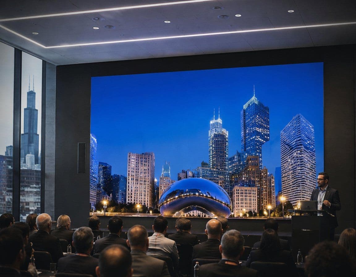 Fine-pitch COB LED video wall showing a city skyline in a conference room