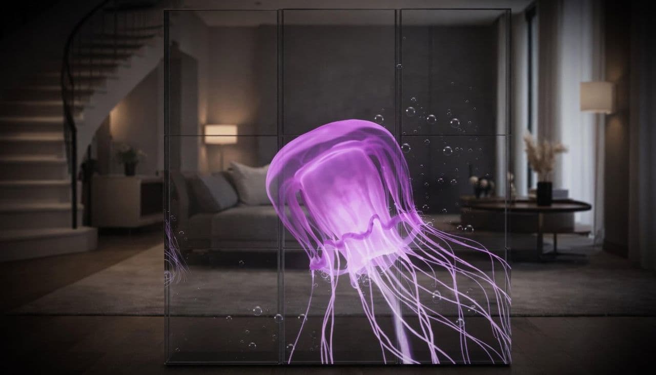 Giant glowing jellyfish on a transparent LED wall in a luxury lobby