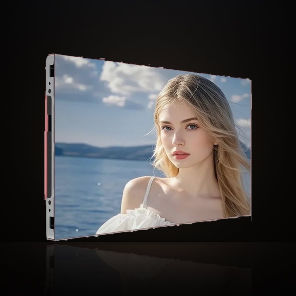 Slim outdoor LED cabinet showing a bright portrait