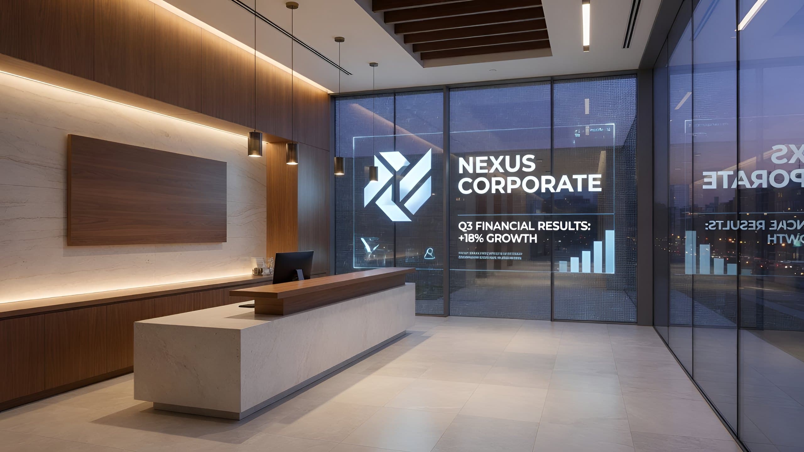 Office lobby glass with transparent LED content