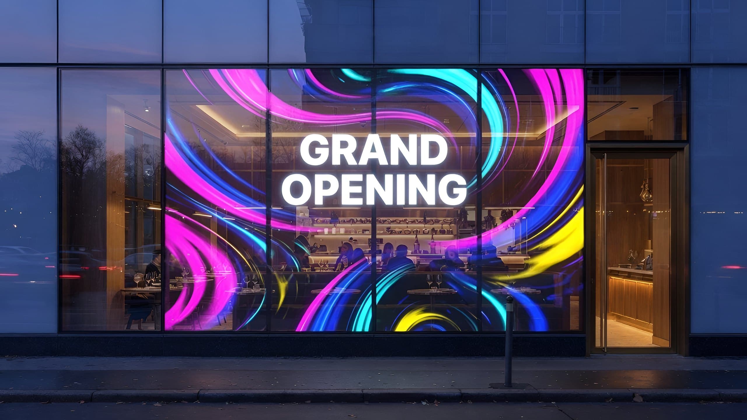 Restaurant frontage with bright transparent LED film content