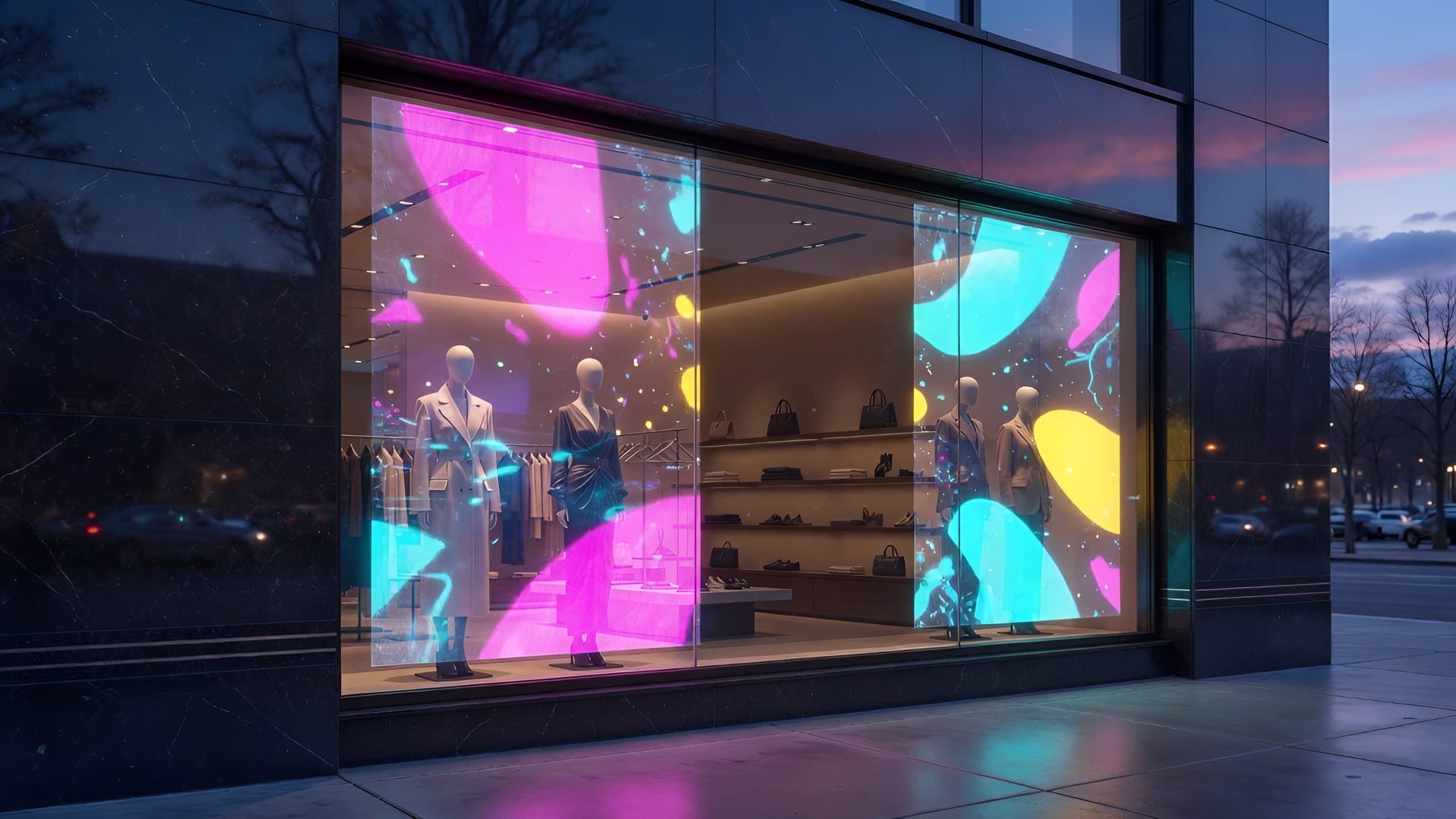 The same shop window with a transparent LED display running, the stock still visible through the content