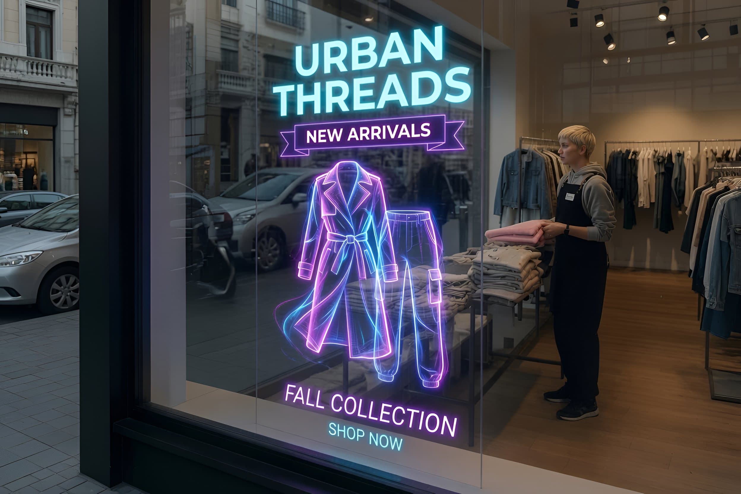 A clothing-store window at dusk with a transparent LED campaign glowing on the glass, the racks and a staff member inside still clearly visible
