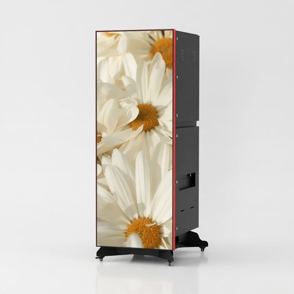 Portrait LED poster display beside its cabinet