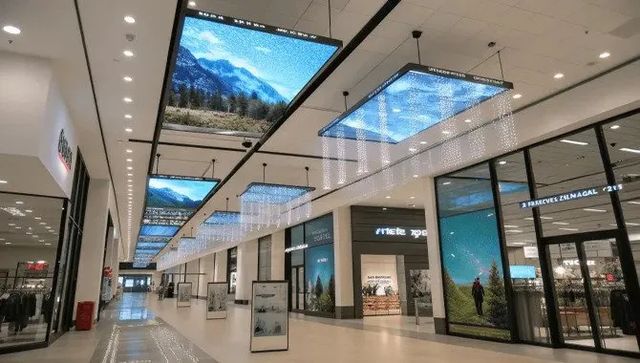 Transparent LED panels suspended from a shopping mall ceiling showing landscape imagery