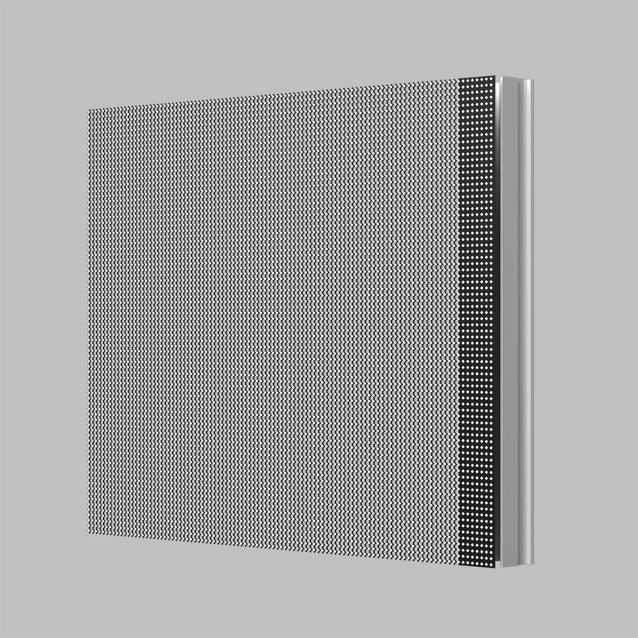 Angled view of a transparent LED mesh panel showing the fine strip grid and the slim aluminium side frame
