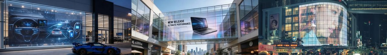 Three outdoor transparent LED applications: a car showroom facade, a glass sky-bridge and a curved city media facade