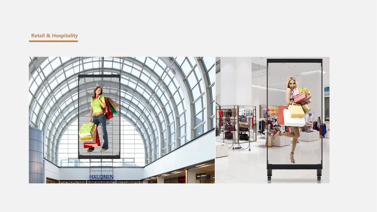 Two retail installations: a transparent screen hanging in a mall atrium and a free-standing transparent poster on a shop floor