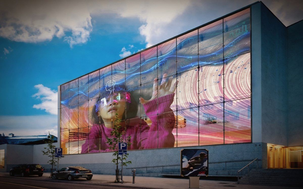 Building facade glass with colourful LED film content
