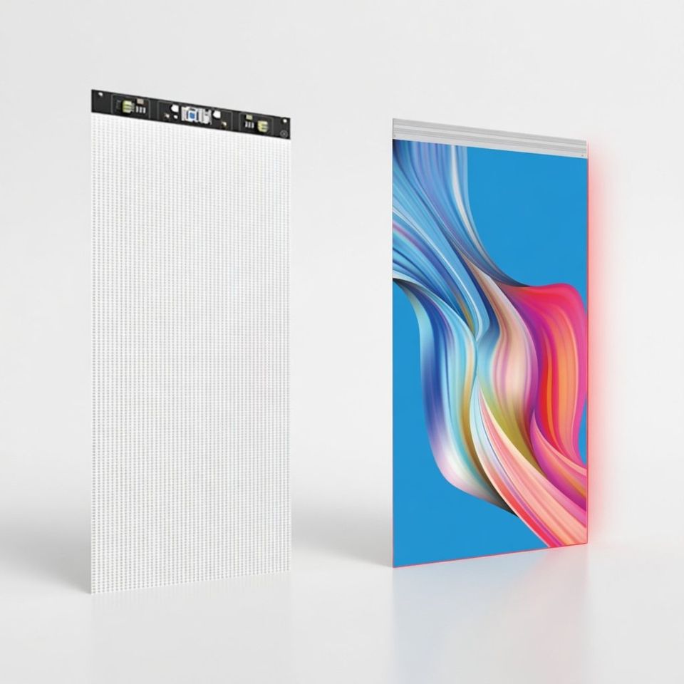 Self-adhesive transparent LED film panel bonded flat to glass showing its ultra-thin profile