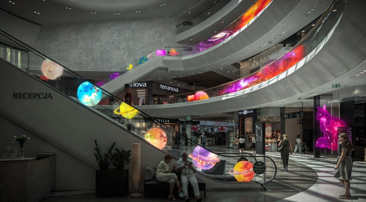 Mall glass balustrade covered in adhesive transparent LED film showing vivid content