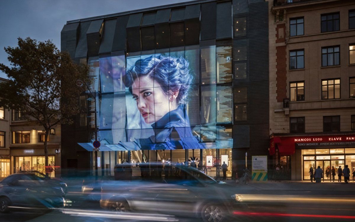 Commercial building at night with LED film advertising on the glass front