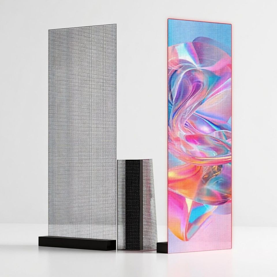 Adhesive LED film panels displaying vivid content