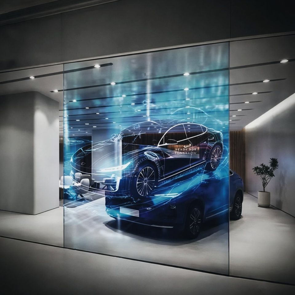 Car showroom glass running a transparent LED film campaign