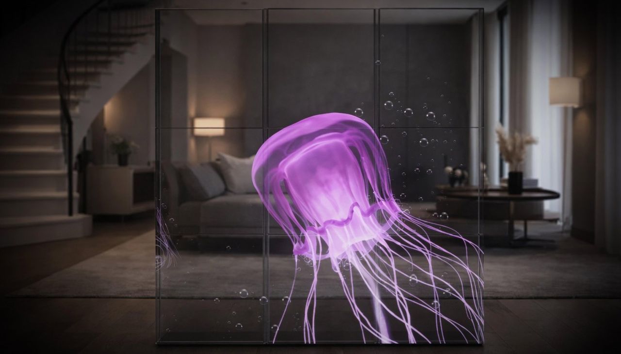 Giant glowing jellyfish on a transparent LED wall in a luxury lobby