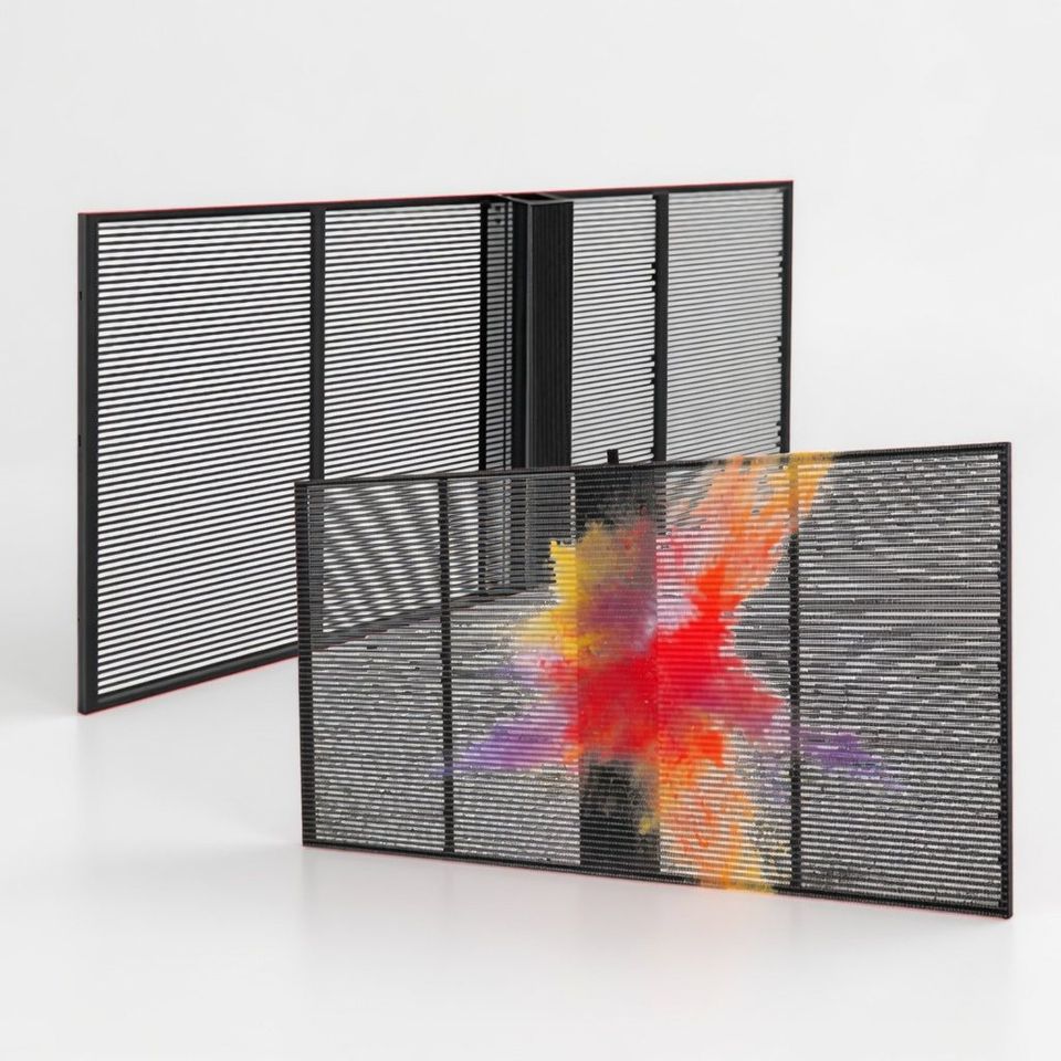 Three transparent LED mesh cabinet sizes side by side