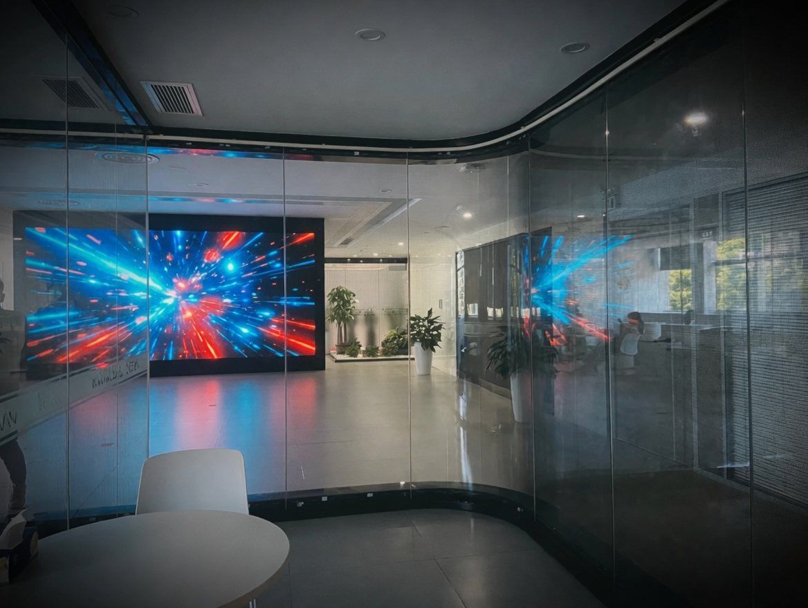 Office glass partition running a vivid transparent LED screen