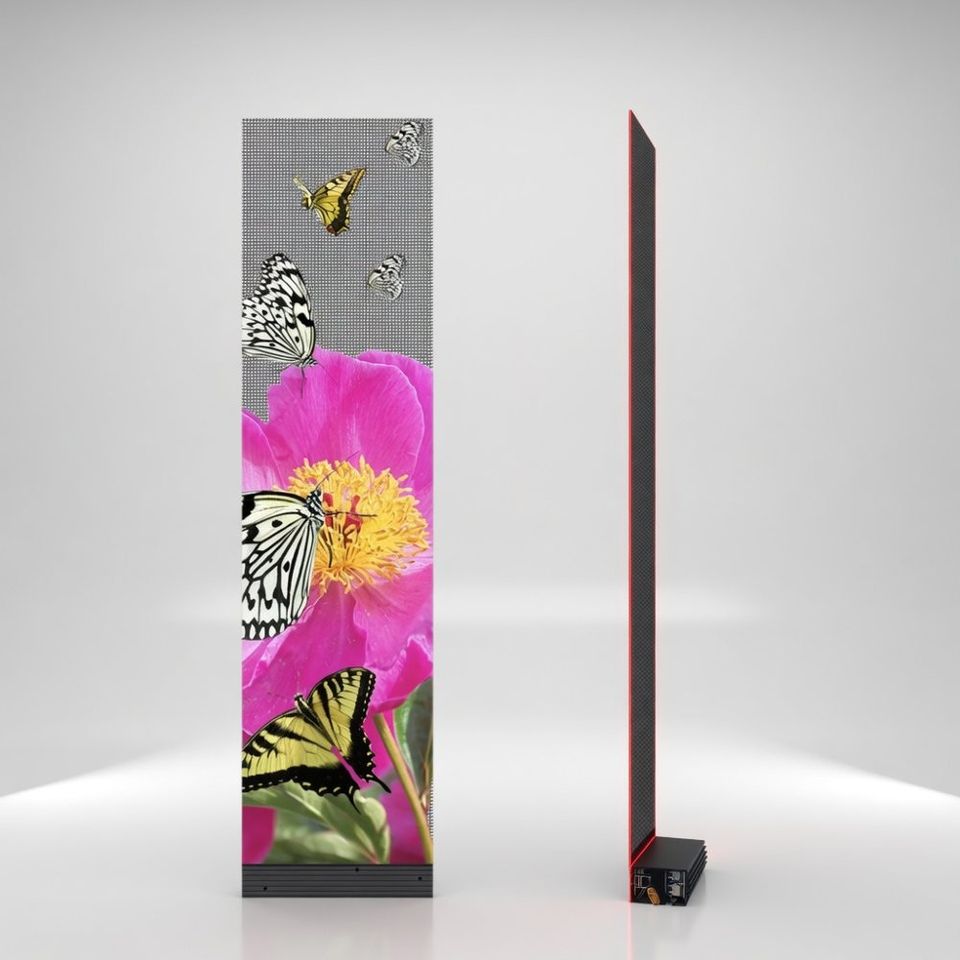 Slim transparent LED poster panel showing floral content