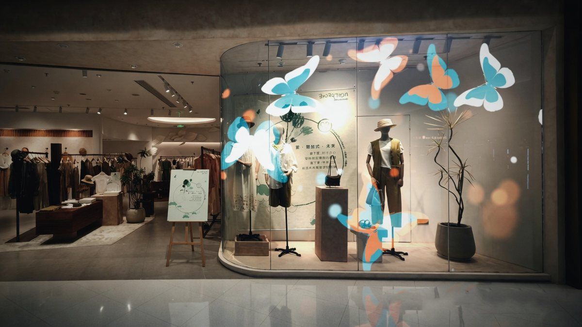 Retail window with glowing holographic butterflies over the display