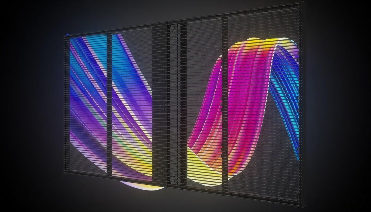 Interior transparent LED wall with colourful abstract visuals