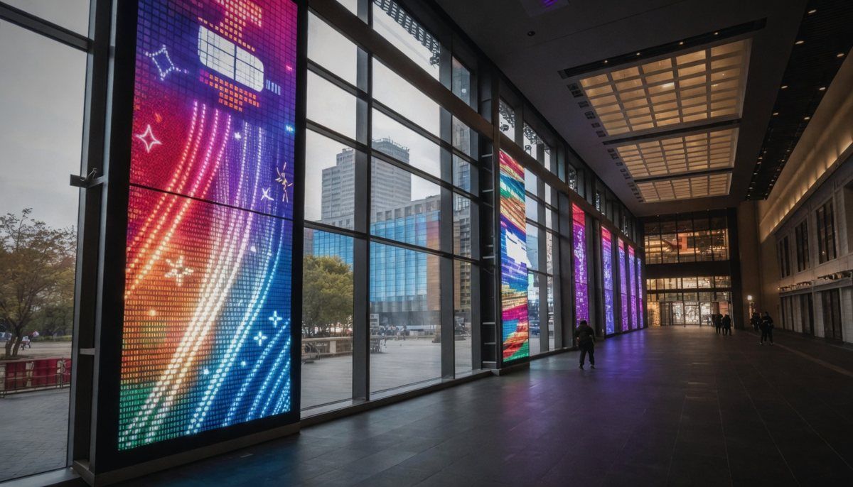 Shop window running a bright transparent LED brand campaign with the store interior visible through the screen