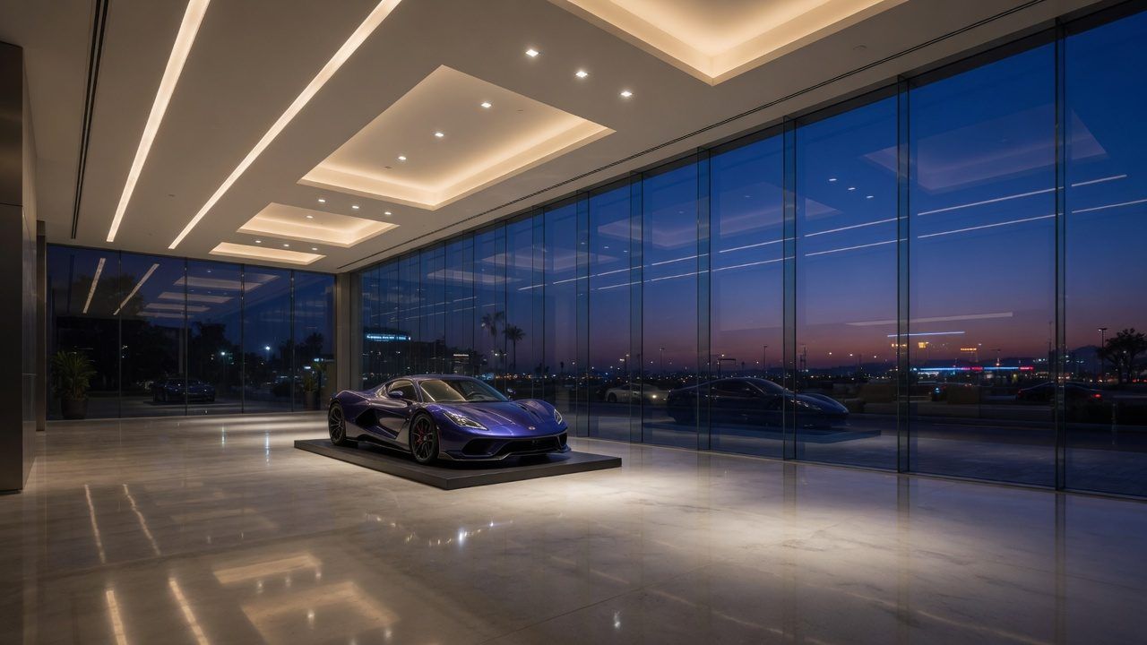 Luxury car showroom at night with a plain glass curtain wall and a sports car inside
