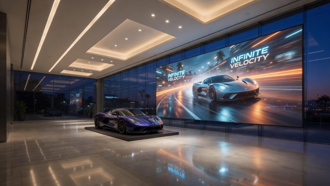 The same showroom with a transparent LED display on the curtain wall running an automotive campaign, the car still visible