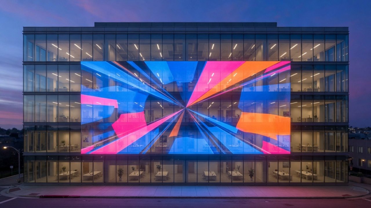 Commercial building glass facade at blue hour with a large transparent LED media display glowing across several floors, offices still visible behind it