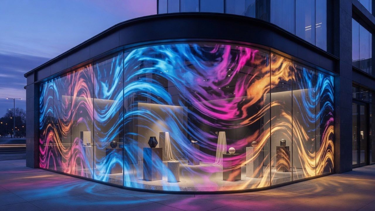The same storefront with a transparent LED display switched on, the products inside still visible through the glowing content