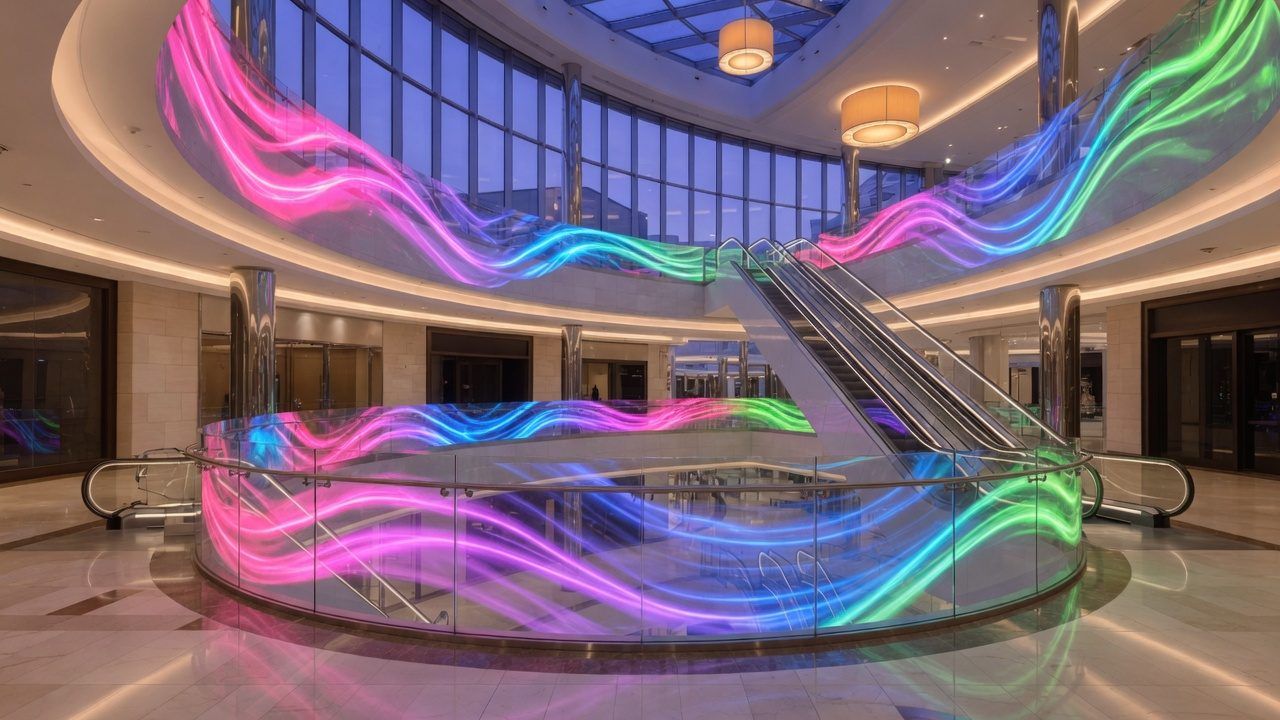 The same mall atrium with transparent LED film on the balustrades showing flowing colour, architecture still visible through it