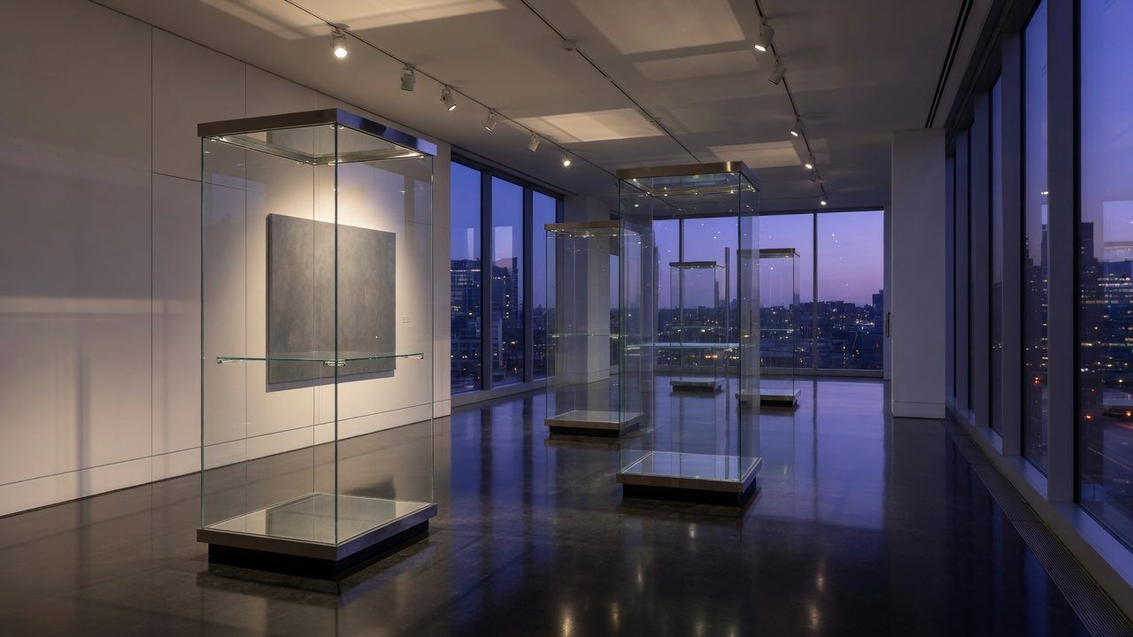 Contemporary museum gallery with clear glass display vitrines under spot lighting