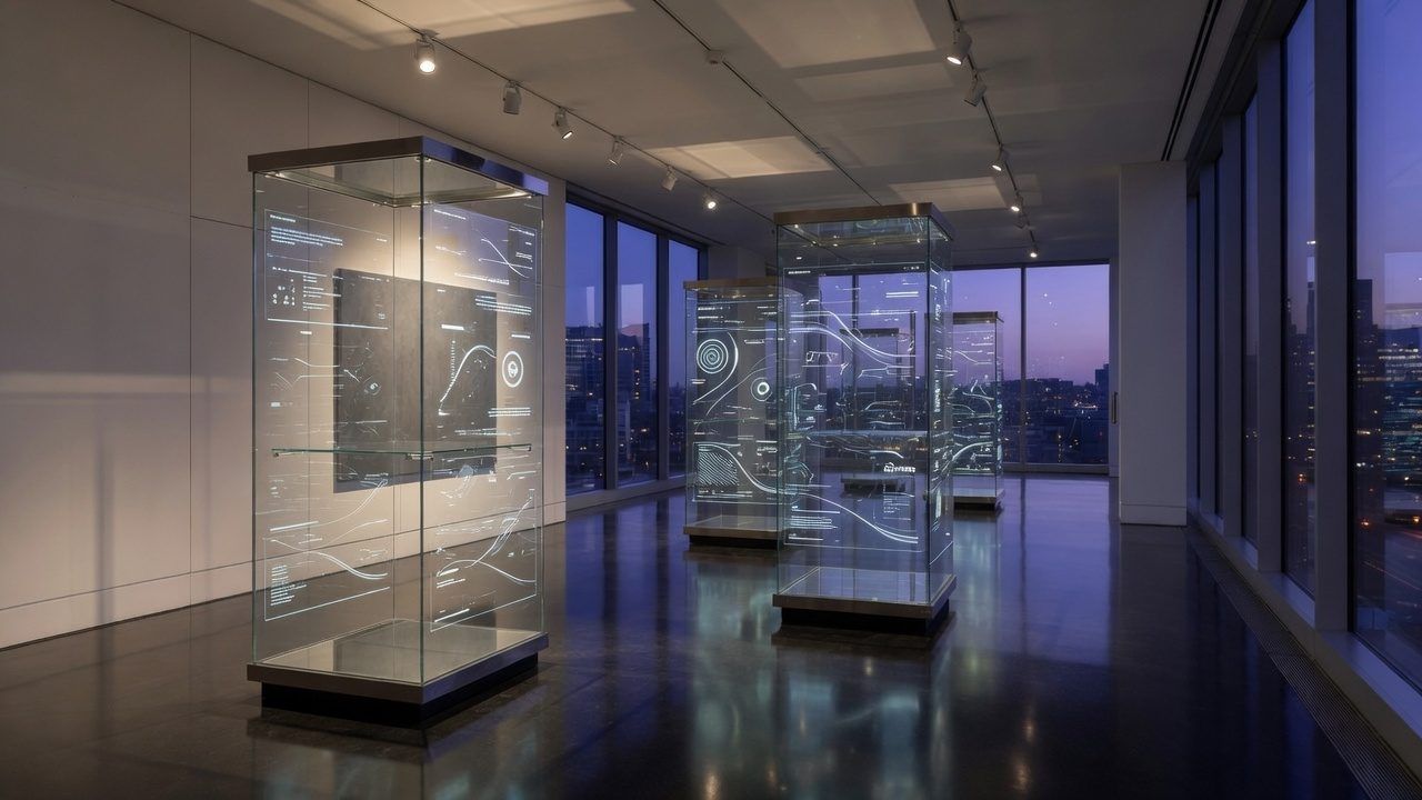 The same gallery with transparent LED screens in the vitrines showing exhibition graphics over the objects