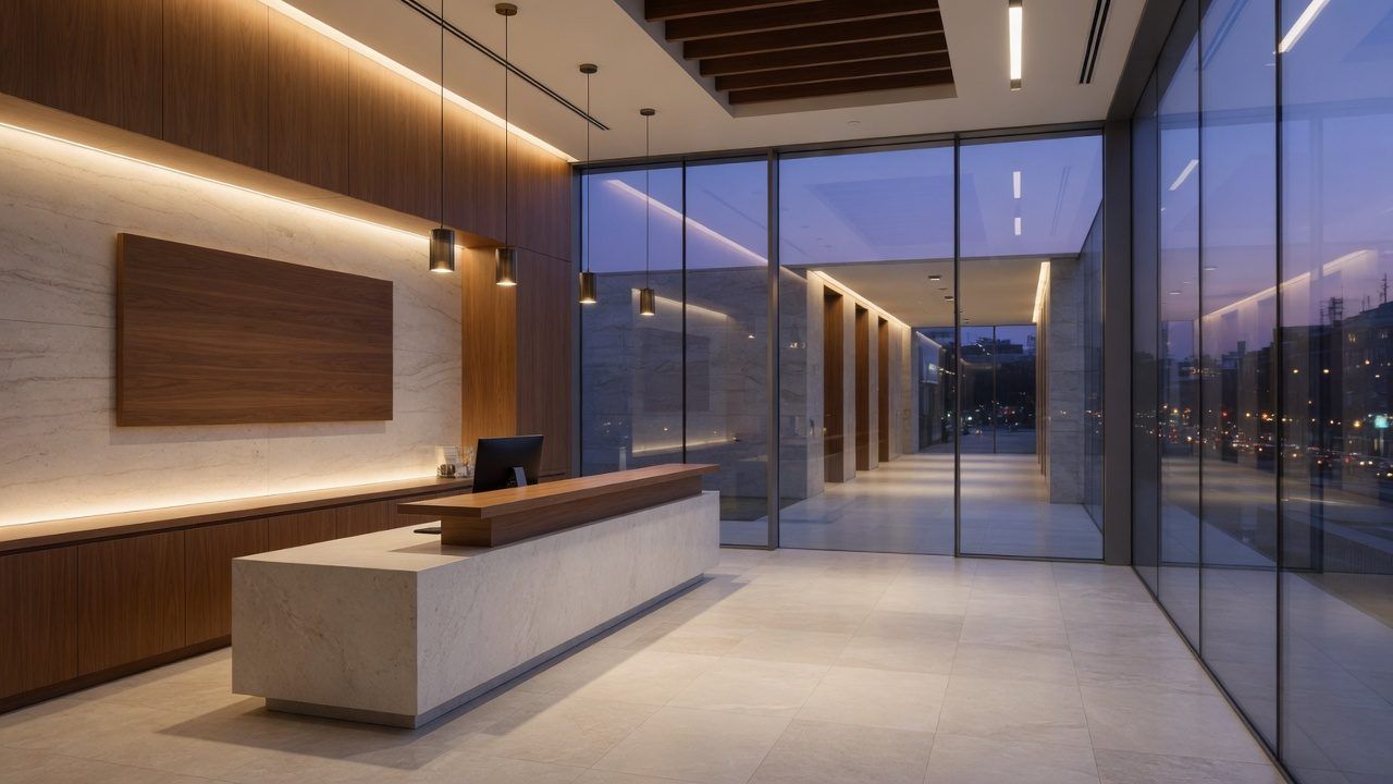 Corporate office lobby with a clear glass partition and reception desk in daylight