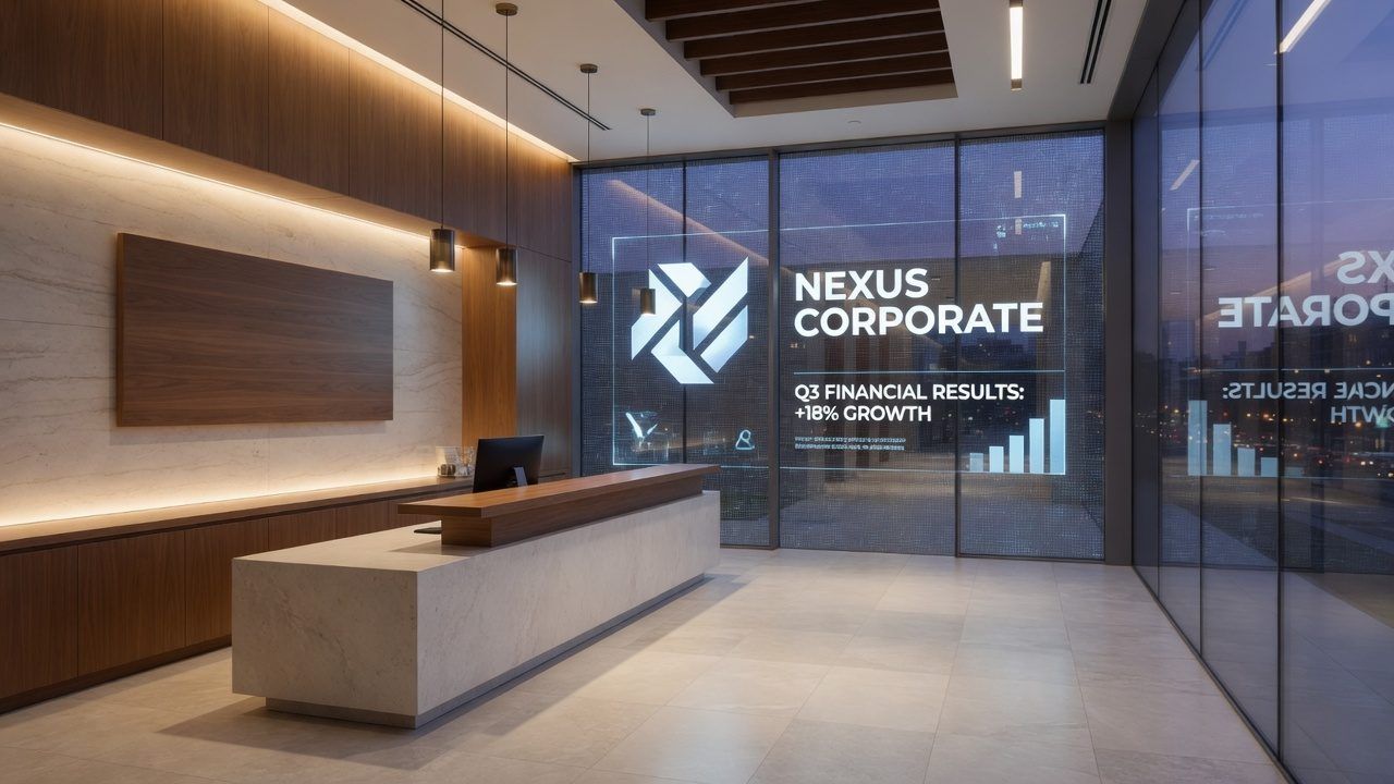 Corporate lobby with a transparent LED display on the partition glass, the space behind it still visible