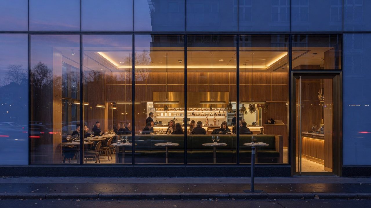 Stylish restaurant seen from the street at night with clear glass and diners inside