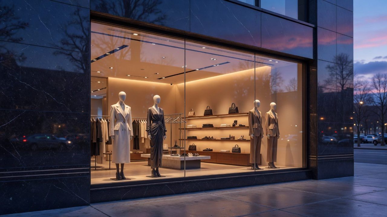 Boutique storefront at dusk with clear empty glass, display switched off