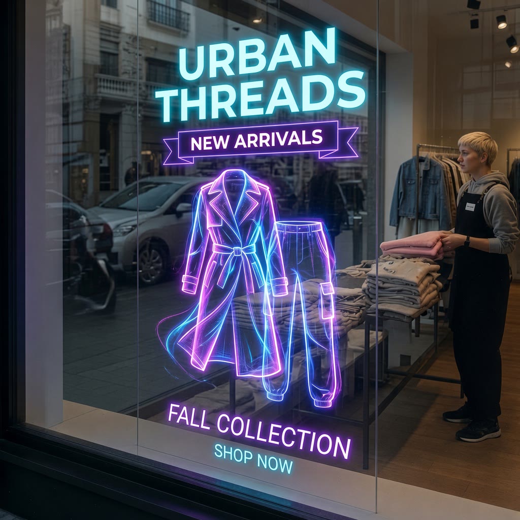A clothing-store window at dusk with a transparent LED display glowing a 'New Arrivals — Fall Collection' campaign across the glass, while the racks, folded knitwear and a staff member inside the shop stay clearly visible straight through the lit graphic
