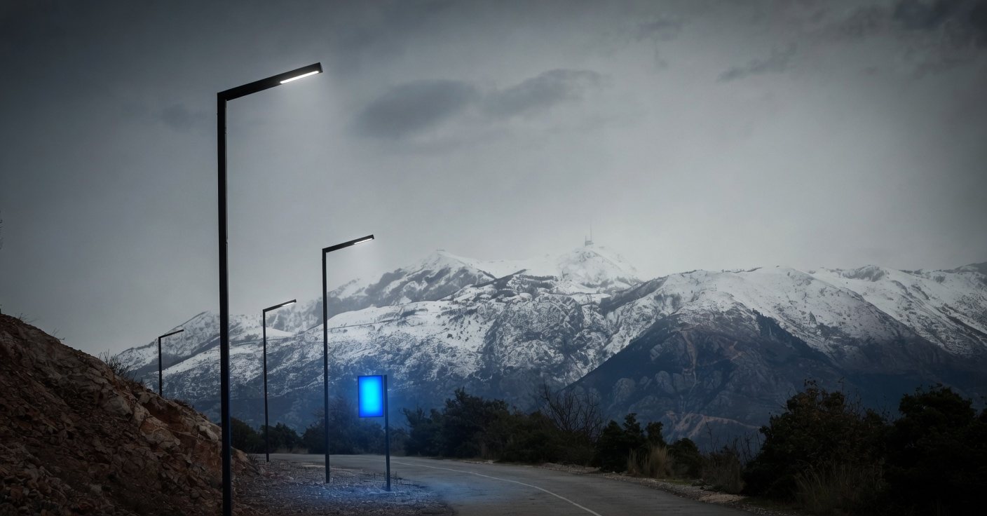 Solar LED street lights on slim poles at dusk with mountains behind